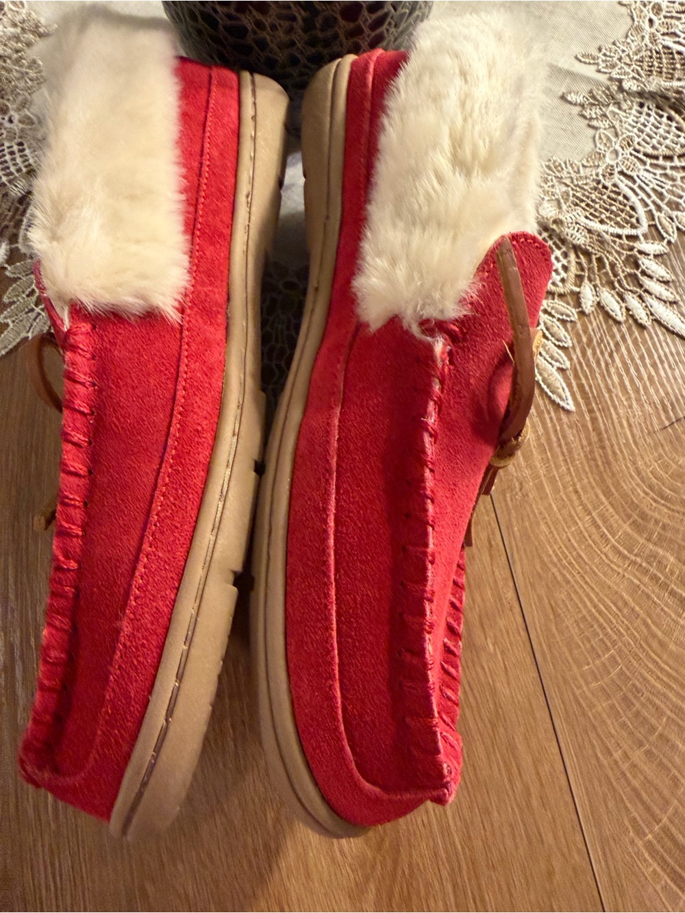 Women’s Coldwater Creek Red Suede Moc Loafers Fuzzy Lined 9M EUC Walk with Me - Picture 5 of 10